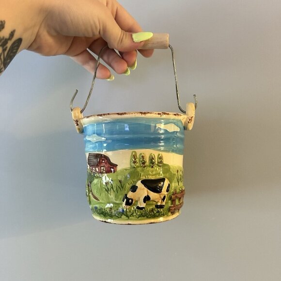 Handcrafted Other - WCL Pottery Bucket Vintage 60s/70s Farm Life Cows Barn Farmer Hand Painted